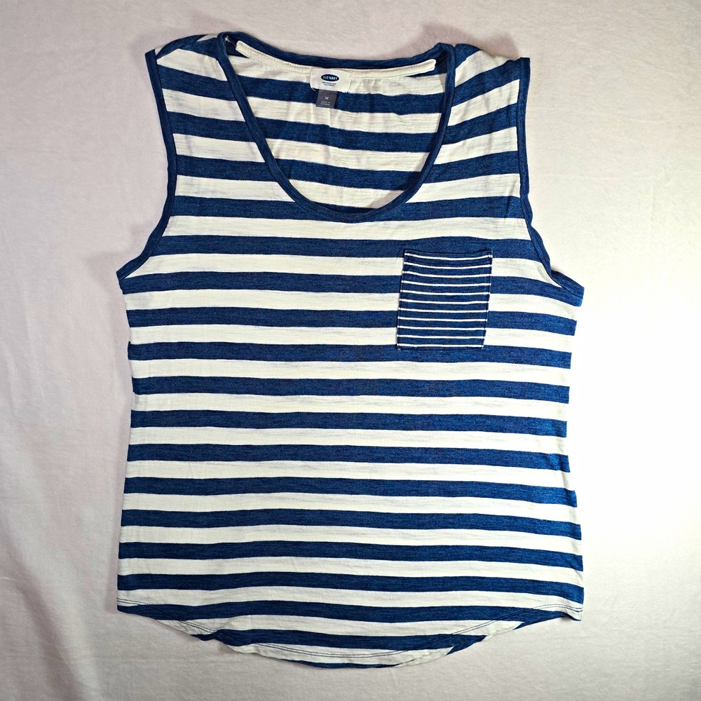 Old Navy Women's M Blue/White Striped Scoop Neck Sleeveless Pocket Tank Top